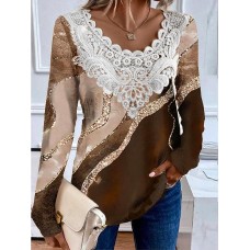 Women's Shirt Blouse Graphic Abstract Brown Print Lace Patchwork Long Sleeve Casual Fashion Round Neck Regular Fit Spring &Fall