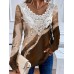 Women's Shirt Blouse Graphic Abstract Brown Print Lace Patchwork Long Sleeve Casual Fashion Round Neck Regular Fit Spring &Fall