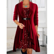 Women's Red Christmas Velvet Dress Sequin Dress Party Dress Mini Dress Black Wine Gold Long Sleeve Pure Color Sequins Fall Winter Autumn Crew Neck Fashion Winter Dress Vacation 2023 S M L XL XXL 3XL