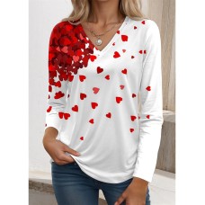 Women's T shirt Tee Heart Valentine's Day Red Blue Purple Print Long Sleeve Valentine Weekend Fashion V Neck Regular Fit Spring &Fall