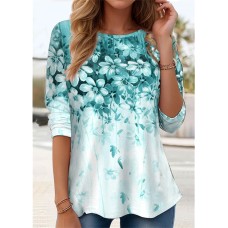 Women's T shirt Tee Floral Light Green Royal Blue Blue Print Long Sleeve Casual Holiday Fashion Round Neck Regular Fit Spring &Fall