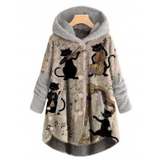 Women's Plus Size Teddy Coat Winter Coat Animal Cat Causal Holiday Long Sleeve Hooded Regular Winter Fall Gray L XL XXL 3XL 4XL