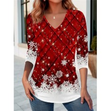 Women's T shirt Tee Christmas Shirt Plaid Snowflake Red Blue Purple Print Long Sleeve Party Weekend Festival / Holiday Christmas V Neck Regular Fit Spring &Fall