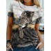 Women's T shirt Tee Black White Blue Graphic Cat Print Short Sleeve Daily Weekend Vintage Round Neck Regular 3D Cat Painting S