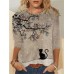 Women's T shirt Tee Cat Bird Yellow Pink Blue Print Long Sleeve Party Weekend Festival / Holiday Round Neck Regular Fit Spring &Fall