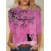 Women's T shirt Tee Cat Bird Yellow Pink Blue Print Long Sleeve Party Weekend Festival / Holiday Round Neck Regular Fit Spring &Fall