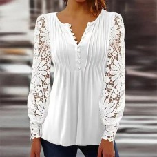 Women's Lace Shirt Shirt Blouse Plain Black White Red Lace Patchwork Long Sleeve Casual Elegant Vintage Fashion V Neck Regular Fit Spring Fall