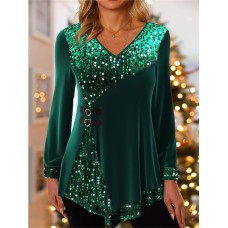 Women's Shirt Blouse Velvet Plain Sparkly Green Sequins Long Sleeve Party Casual Fashion V Neck Regular Fit Spring &Fall