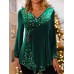 Women's Shirt Blouse Velvet Plain Sparkly Green Sequins Long Sleeve Party Casual Fashion V Neck Regular Fit Spring &Fall