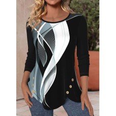 Women's T shirt Tee Geometric Black Print Button Long Sleeve Daily Weekend Fashion Round Neck Regular Fit Spring &Fall