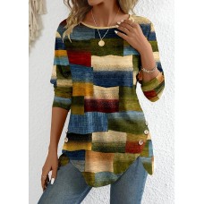 Women's T shirt Tee Plaid Green Print Button Long Sleeve Daily Weekend Fashion Round Neck Regular Fit Spring &Fall