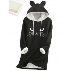 Women's Hoodie Dress Casual Dress Mini Dress Sherpa Fleece Lined Warm Outdoor Going out Weekend Hoodie Print Cat Loose Fit Black Dark Pink Blue S M L XL XXL