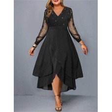 Women‘s Plus Size Curve Black Dress Party Dress PlainKnit Dress Plain Long Dress Maxi Dress Long Sleeve Ruffle Mesh V Neck Elegant Party Black Valentine‘s Day Summer Spring Black Cocktail Dress