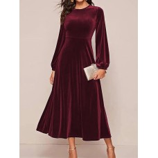 Women's Plus Size Velvet Dress Party Dress Cocktail Dress Midi Dress Wine Dark Green Purple Long Sleeve Pure Color Patchwork Spring Fall Winter Crew Neck Fashion Winter Dress Christmas Valentine's Day