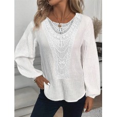 Women's Blouse Cotton Linen Plain White Lace Patchwork Long Sleeve Casual Beach Blouse Basic Casual Round Neck Regular Fit Summer Spring Blouse