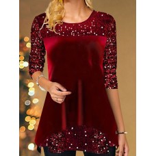 Women's T shirt Tee Velvet Plain Sparkly Wine Khaki Sequins Long Sleeve Party Weekend Festival / Holiday Round Neck Regular Fit Spring &Fall