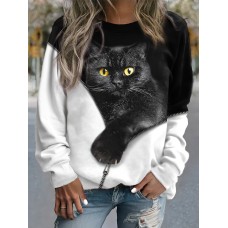 Women's Sweatshirt Pullover Cat Sports Basic Black Street Casual Round Neck Long Sleeve Top Micro-elastic Fall & Winter