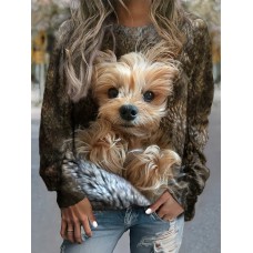 Women's Sweatshirt Pullover Dog Active Sportswear Brown Casual Sports Round Neck Long Sleeve Top Micro-elastic Fall & Winter