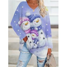 Women's T shirt Tee Christmas Shirt Leopard Snowman Purple Print Long Sleeve Weekend Festival / Holiday Christmas V Neck Regular Fit Spring &Fall