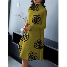 Women's Casual Dress Winter Dress Floral Print Stand Collar Midi Dress Fashion Streetwear Outdoor Daily Long Sleeve Loose Fit Yellow Wine Blue Fall Winter S M L XL 2XL