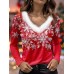 Women's Shirt Blouse Snowflake Pink Red Blue Print Long Sleeve Party Casual Festival / Holiday Fur Collar V Neck Regular Fit Fall & Winter