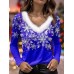 Women's Shirt Blouse Snowflake Pink Red Blue Print Long Sleeve Party Casual Festival / Holiday Fur Collar V Neck Regular Fit Fall & Winter