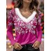 Women's Shirt Blouse Snowflake Pink Red Blue Print Long Sleeve Party Casual Festival / Holiday Fur Collar V Neck Regular Fit Fall & Winter