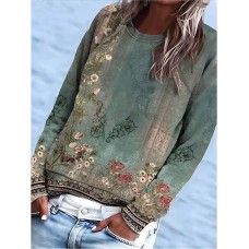 Women's T shirt Tee Floral Light Green Red Blue Print Long Sleeve Holiday Weekend Basic Round Neck Regular Fit Fall & Winter