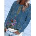 Women's T shirt Tee Floral Light Green Red Blue Print Long Sleeve Holiday Weekend Basic Round Neck Regular Fit Fall & Winter