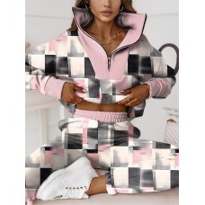 Women's Sweatshirt Tracksuit Pants Sets Plaid Black Pink Print Zipper Long Sleeve Outdoor Casual Sports Daily Stand Collar Regular Fit Fall & Winter