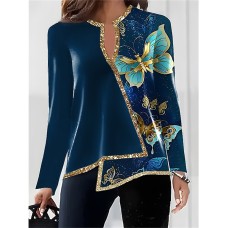 Women's Shirt Blouse Butterfly Pink Blue Green Print Asymmetric Hem Long Sleeve Casual Fashion V Neck Regular Fit Fall & Winter