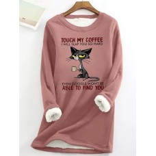 Women's Sweatshirt Pullover Sherpa Fleece Lined Cat Letter Warm Fuzzy Dark Pink Blue Gray Casual Sports Round Neck Long Sleeve Top Micro-elastic Fall & Winter