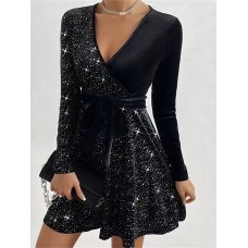 Women‘s Black Dress Velvet Dress Sequin DressA-Line Mini Dress Black Red Royal Blue Long Sleeve Plain Christmas Fall Winter Autumn V Neck Fashion Winter Dress Fall Dress Slim Black Cocktail Dress