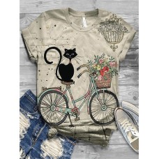 Women's T shirt Tee Floral Cat Blue Green Gray Print Short Sleeve Daily Weekend Basic Round Neck Regular Fit