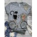 Women's T shirt Tee Floral Cat Blue Green Gray Print Short Sleeve Daily Weekend Basic Round Neck Regular Fit