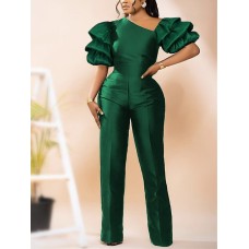 Women‘s Jumpsuit for Special Occasions Christmas High Waist Solid Color V Neck Wedding Elegant Party Xmas Prom Regular Fit Short Sleeve Puff Sleeve Fuchsia Green S M L SummerFall