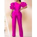 Women‘s Jumpsuit for Special Occasions Christmas High Waist Solid Color V Neck Wedding Elegant Party Xmas Prom Regular Fit Short Sleeve Puff Sleeve Fuchsia Green S M L SummerFall