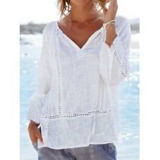 Women‘s White Linen Blouse Long Sleeve Breathable Natural Light and Comfortable Casual Going out Basic Modern V Neck Regular Fit Spring &Fall