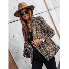 Women's Blazer Tweed Maillard Plaid Blazer Jacket Spring Business Office Jacket Fall Winter Double Breasted Jacket Red Brown