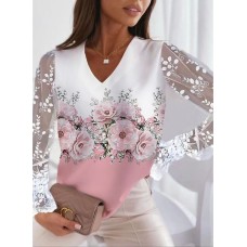 Women's Shirt Blouse Floral Pink Blue Print Mesh Patchwork Long Sleeve Work Fashion V Neck Regular Fit Spring &Fall