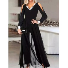 Jumpsuits for Women Sequin Dressy Overlay Solid Color V Neck Formal Party Weekend Straight Regular Fit Strap Black S M L Winter