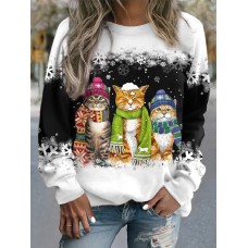 Women's Pullover Christmas Sweatshirt Cat Snowflake Sportswear Festival Light Green Dark Pink Navy Blue Casual Round Neck Long Sleeve Top Micro-elastic Fall & Winter