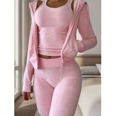 Women's Flannel Lounge Sets Sweasuits 3 Pieces Pure Color Warm Fashion Plush Home Daily BedWarm Breathable Hoodie Long Sleeve Hoodie Pant Fall Winter claret Lotus Pink