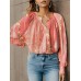 Women's Shirt Blouse Floral Light Green Pink Red Print Button Long Sleeve Casual Holiday Fashion Round Neck Regular Fit Spring &Fall