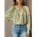 Women's Shirt Blouse Floral Light Green Pink Red Print Button Long Sleeve Casual Holiday Fashion Round Neck Regular Fit Spring &Fall