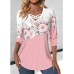 Women's T shirt Tee Floral Black Pink Blue Print Long Sleeve Casual Holiday Fashion V Neck Regular Fit Spring &Fall