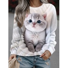 Women's Sweatshirt Pullover Cat Sportswear Funny Print White Yellow Gray Casual Sports Round Neck Long Sleeve Top Micro-elastic Fall & Winter