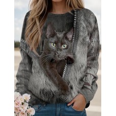 Women's Sweatshirt Pullover Cat Sportswear Funny Print Blue Brown Gray Casual Sports Round Neck Long Sleeve Top Micro-elastic Fall & Winter